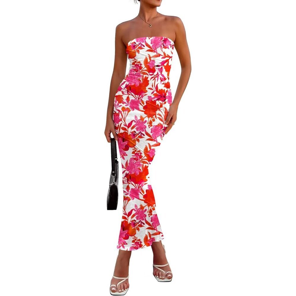 Women's Floral Ribbed Maxi Dress Strapless Long Casual Party Fancy